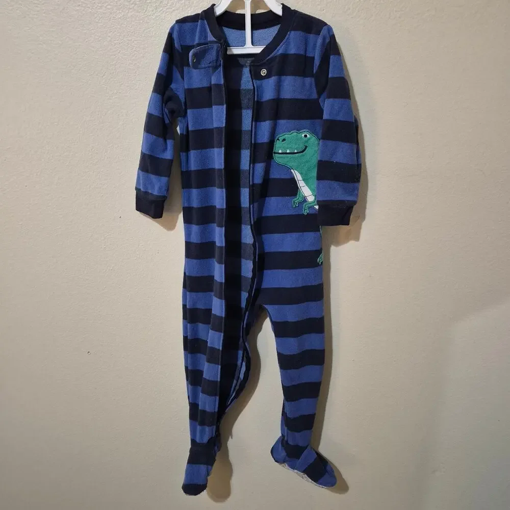 ​Carter's Baby Boy Fleece Footed Pajamas 24 Months Blue Striped Dinosaur Sleeper
